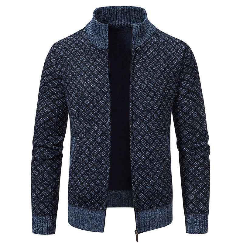 Thickened Plaid Print Jacket Cardigan Fashion Slim Fit Zipper Stand Collar Sweater Winter Men's Casual Long Sleeve Knitted Top Clothing Blue And Gray