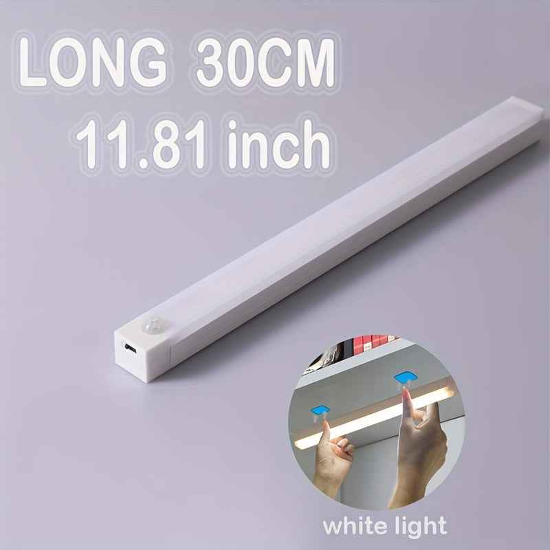 Rechargeable Motion Sensor LED Light Strip with Magnetic Adhesive & USB Power - Smart Cordless Lighting for Kitchen, Wardrobe, Stairs, Hallway White Light 11.81inch