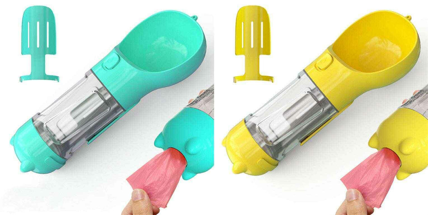 3-in-1 Portable Pet Water Bottle with Feeder, Bowl & Waste Bag Holder Blue yellow pcs 300ml