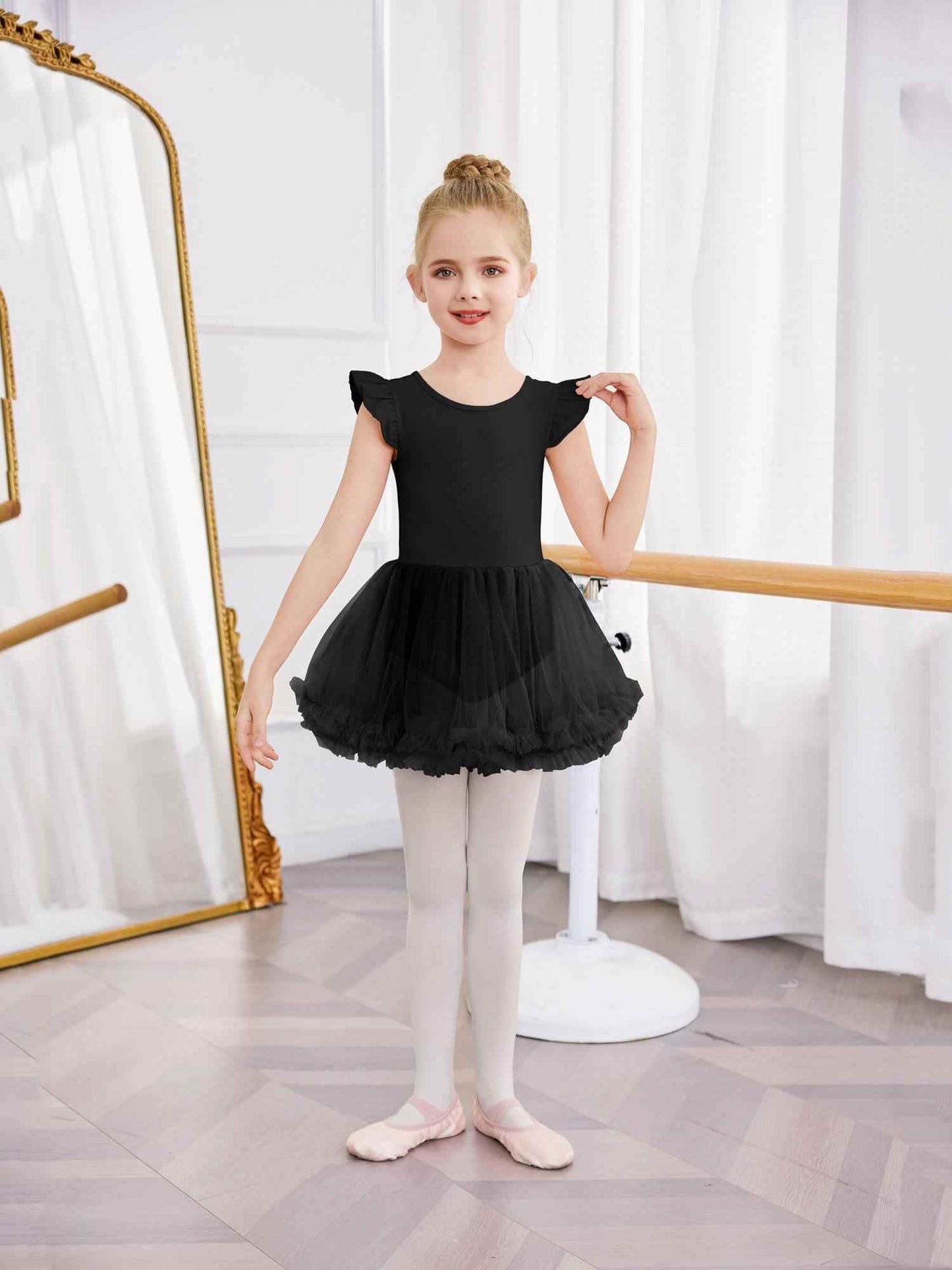 Girls Ballet Tutu Dress with Cross-Back Design and Ruffled Sleeves - Elegant White A-Line Leotard for Dance, Gymnastics, and Recitals