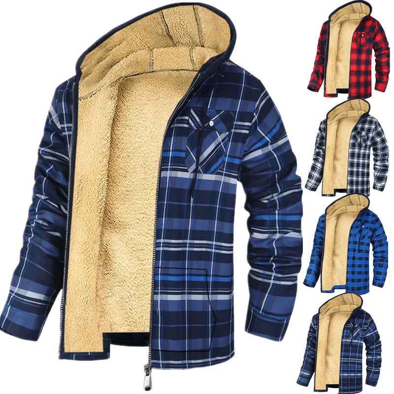 Men's Plaid Hooded Jacket - Thickened Cotton-Padded Zip-Up Coat for Winter Warmth