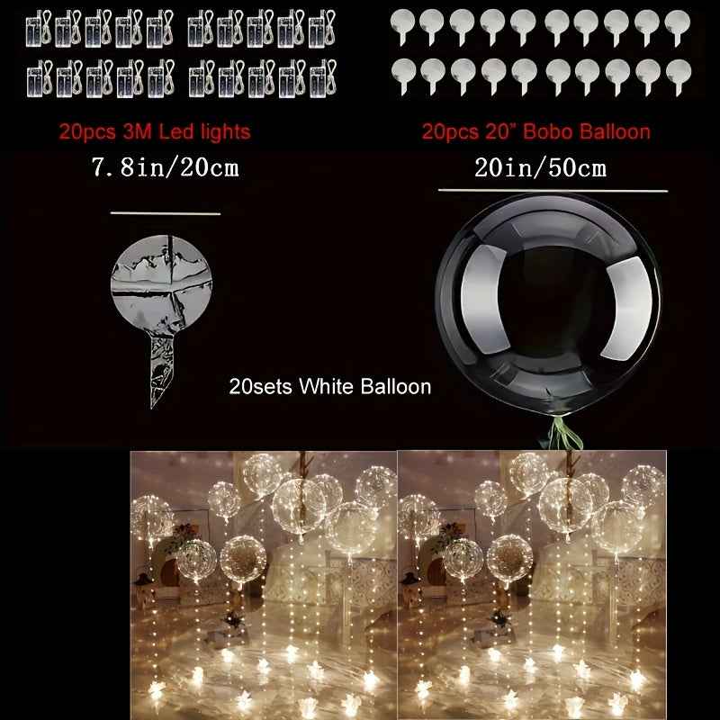 40 Packs ( 20pcs Balloon +20pcs LED Lights ) Glowing LED Bubble Balloon Set LED Bubbles, Battery Operated By 2*AA Batteries And Helium Not Included Suitable For Birthday Wedding Love Christmas Halloween Party And Gift Decorat White 20packs