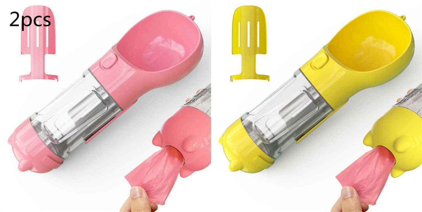 3-in-1 Portable Pet Water Bottle with Feeder, Bowl & Waste Bag Holder Pink 2pcs yellow. 300ml