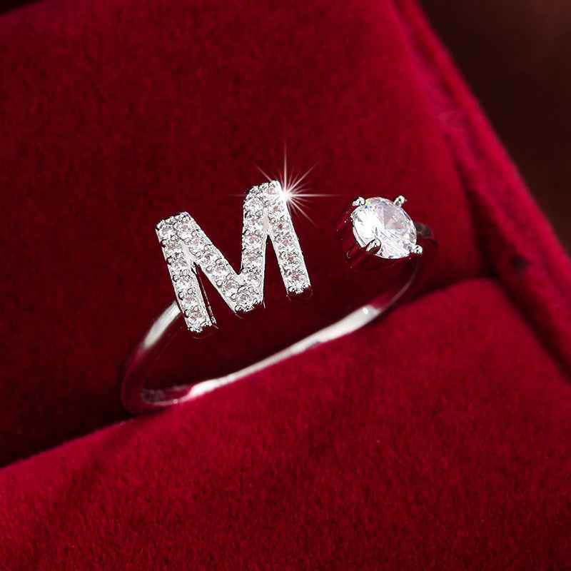 Fashionable 26 English Letters Four-Prong Synthetic Synthetic Zirconia Open Adjustment Ring M Silvery