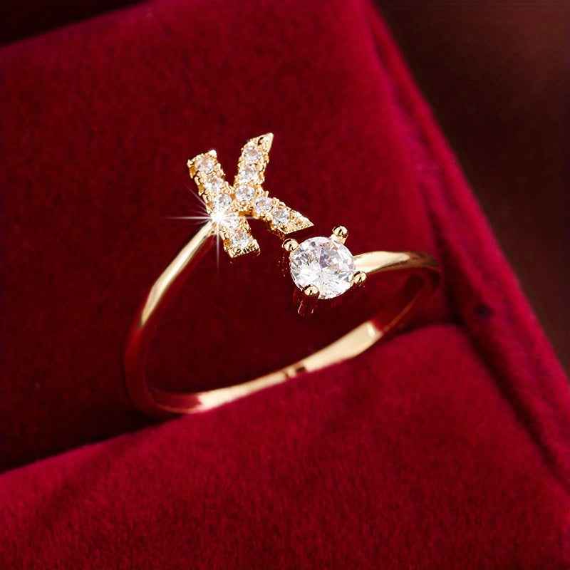 Fashionable 26 English Letters Four-Prong Synthetic Synthetic Zirconia Open Adjustment Ring Ｋ Golden