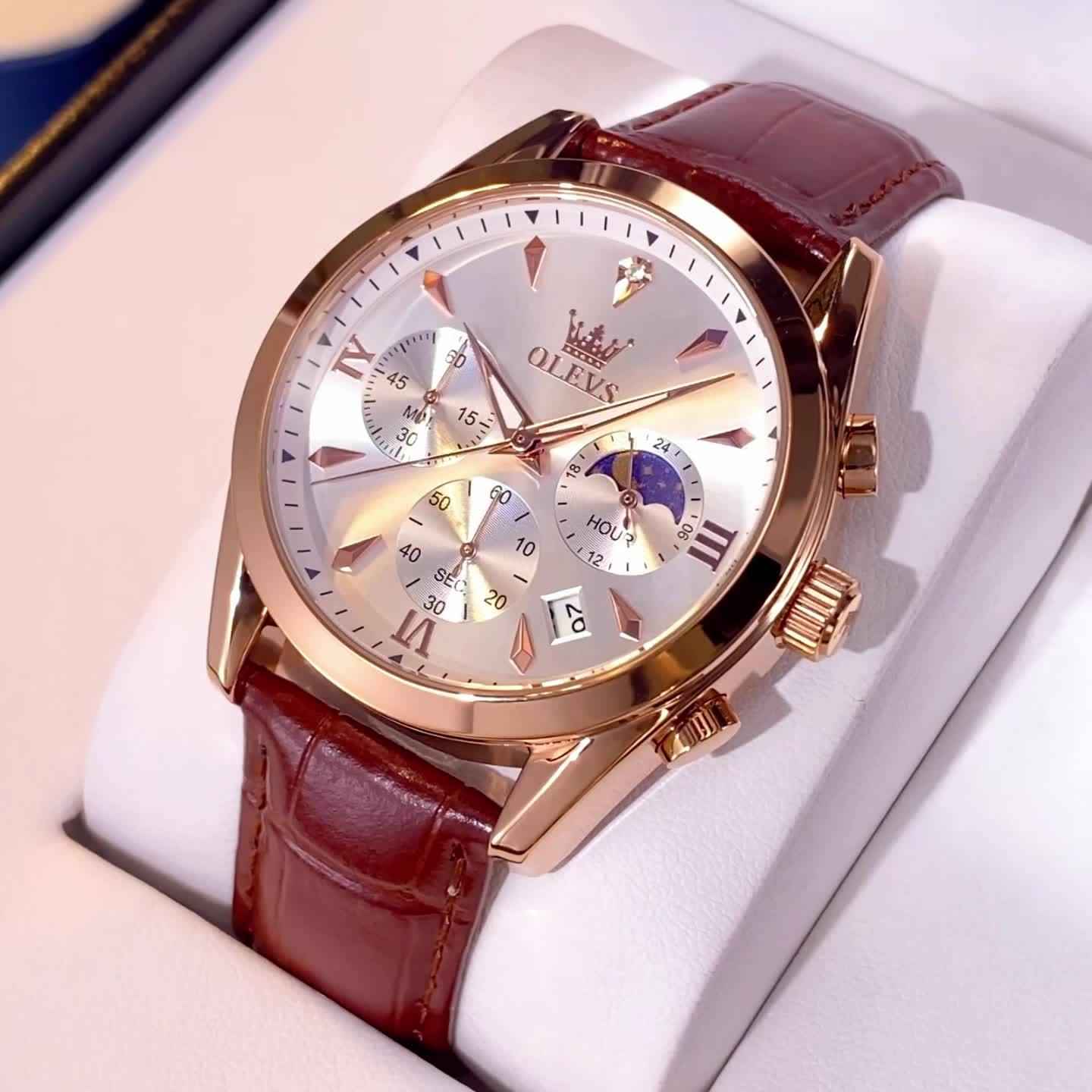 OLEVS Men's Luxury Quartz Watch - Luminous Date & Day Display, Stainless Steel Case, PU Leather Strap, Rose Gold Accents for Business and Casual Wear