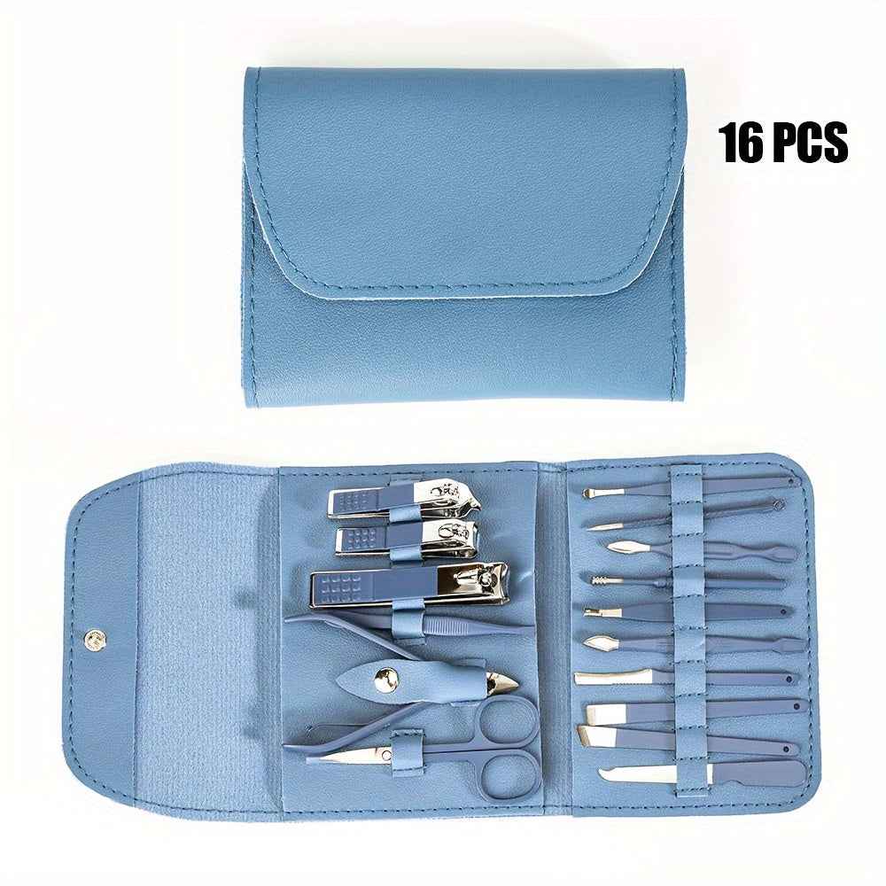 Stainless Steel Manicure Tool Set - 4/8/12/16pcs Multi-Functional Ear Spoon Nail Clippers Pedicure Scissors Kit with Folding Bag Blue 16pcs set