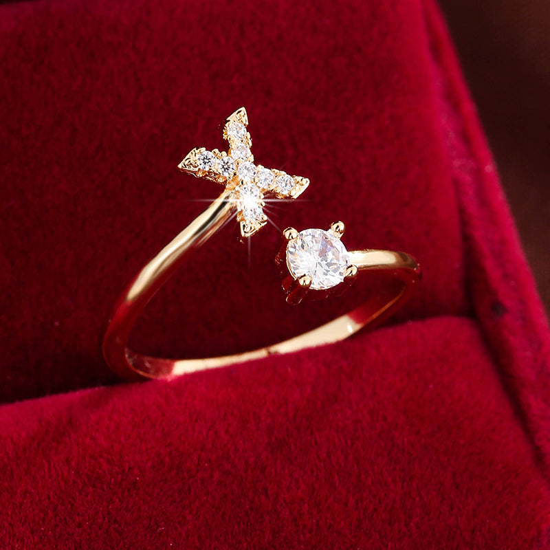 Fashionable 26 English Letters Four-Prong Synthetic Synthetic Zirconia Open Adjustment Ring Ｘ Golden