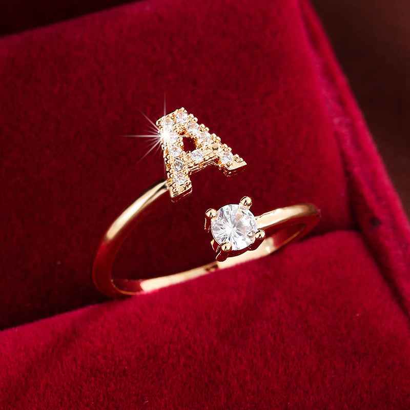 Fashionable 26 English Letters Four-Prong Synthetic Synthetic Zirconia Open Adjustment Ring A Golden