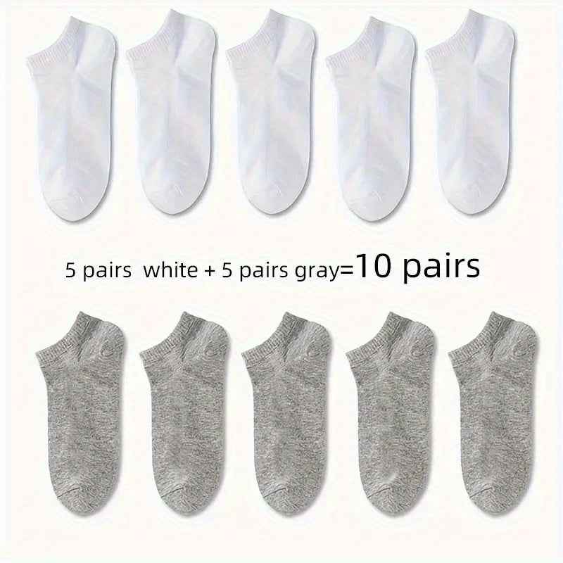 Breathable Anti-Odor Socks for Men & Women - Moisture-Wicking, Quick-Dry, Sweat-Resistant, Available in Black, White, Gray, and Beige (1/5/10/30 Pairs) One Size: US (6-10) White+Grey (10 Pairs)