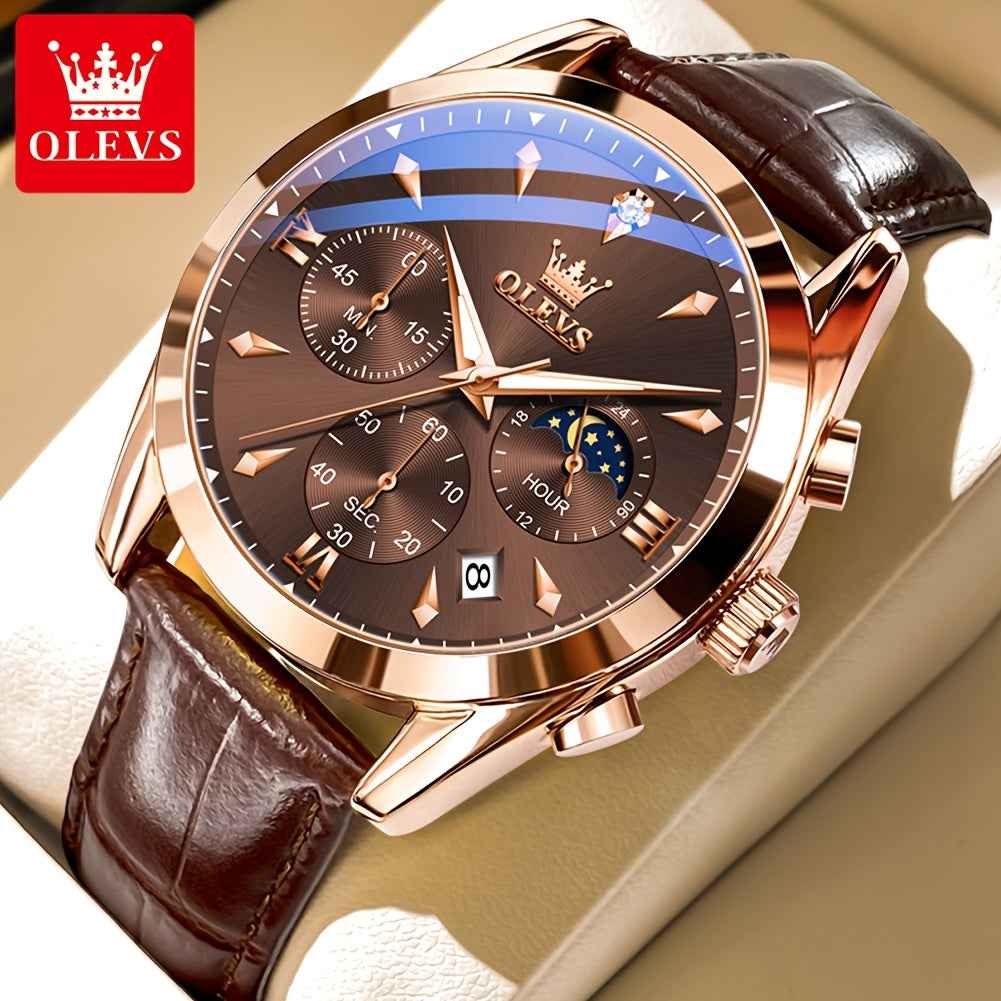 OLEVS Men's Luxury Quartz Watch - Luminous Date & Day Display, Stainless Steel Case, PU Leather Strap, Rose Gold Accents for Business and Casual Wear Rose Brown