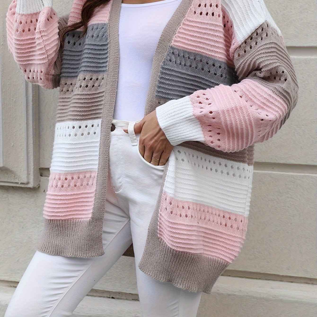 Casual Autumn Wear| Women's Plus Size Color Block Open Front Cardigan - Casual V-Neck, Eyelet Detail, Long Sleeve, Knit Sweater - Machine Washable, Polyester - Ideal for Fall/Winter, Fall Sweaters Khaki
