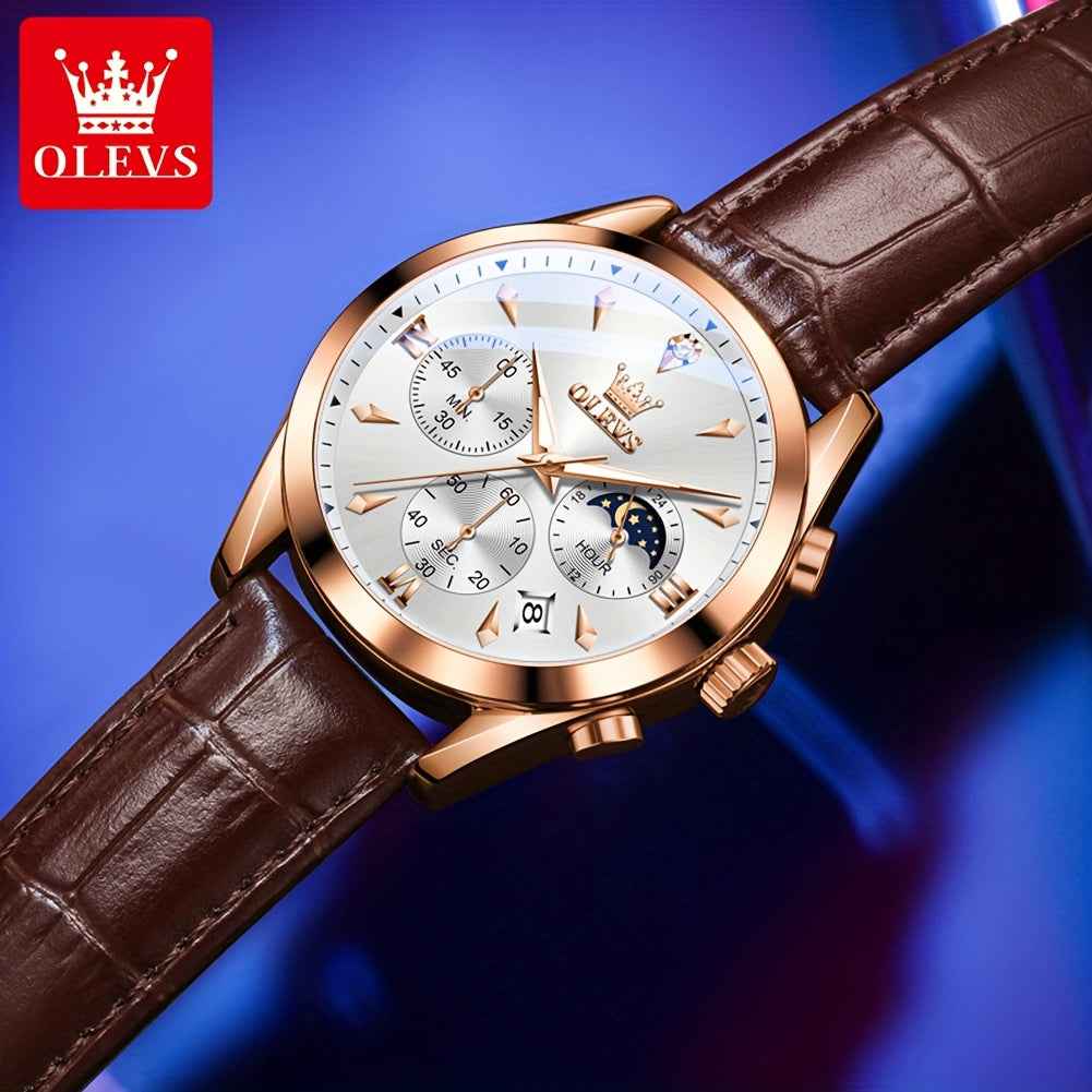 OLEVS Men's Luxury Quartz Watch - Luminous Date & Day Display, Stainless Steel Case, PU Leather Strap, Rose Gold Accents for Business and Casual Wear
