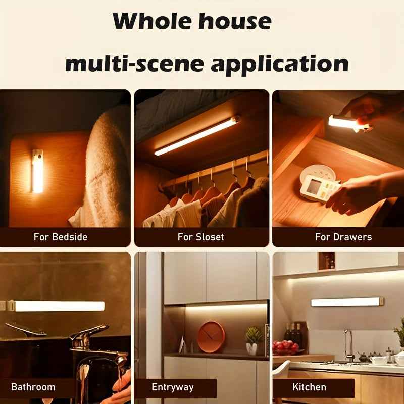 Rechargeable Motion Sensor LED Light Strip with Magnetic Adhesive & USB Power - Smart Cordless Lighting for Kitchen, Wardrobe, Stairs, Hallway