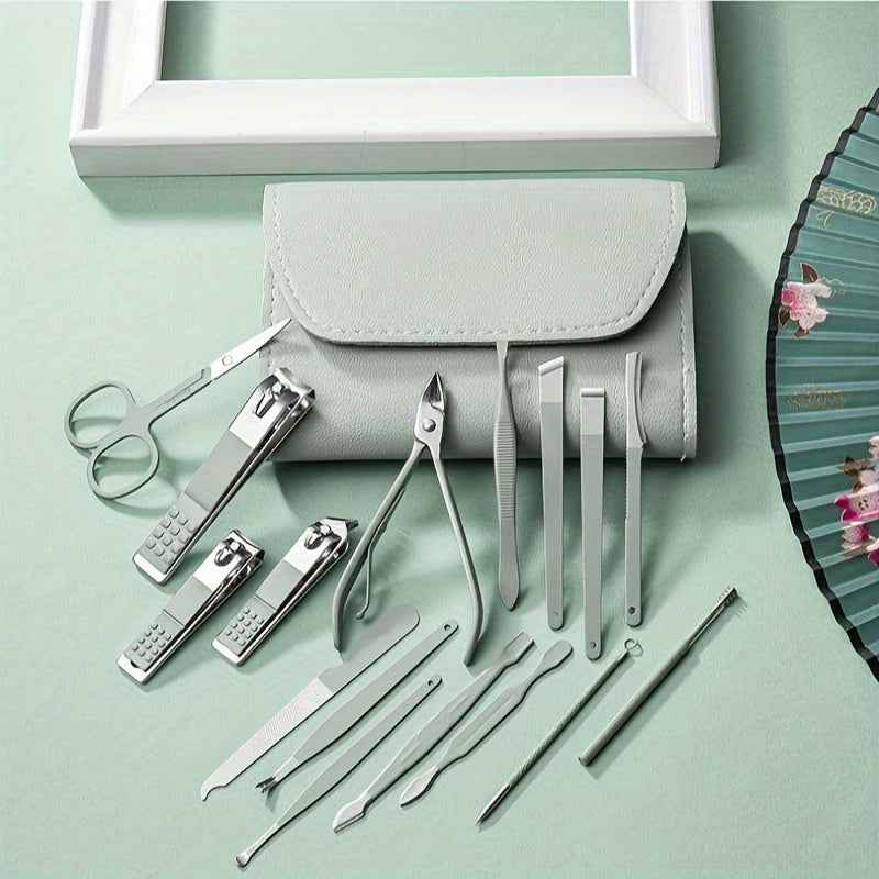 Stainless Steel Manicure Tool Set - 4/8/12/16pcs Multi-Functional Ear Spoon Nail Clippers Pedicure Scissors Kit with Folding Bag