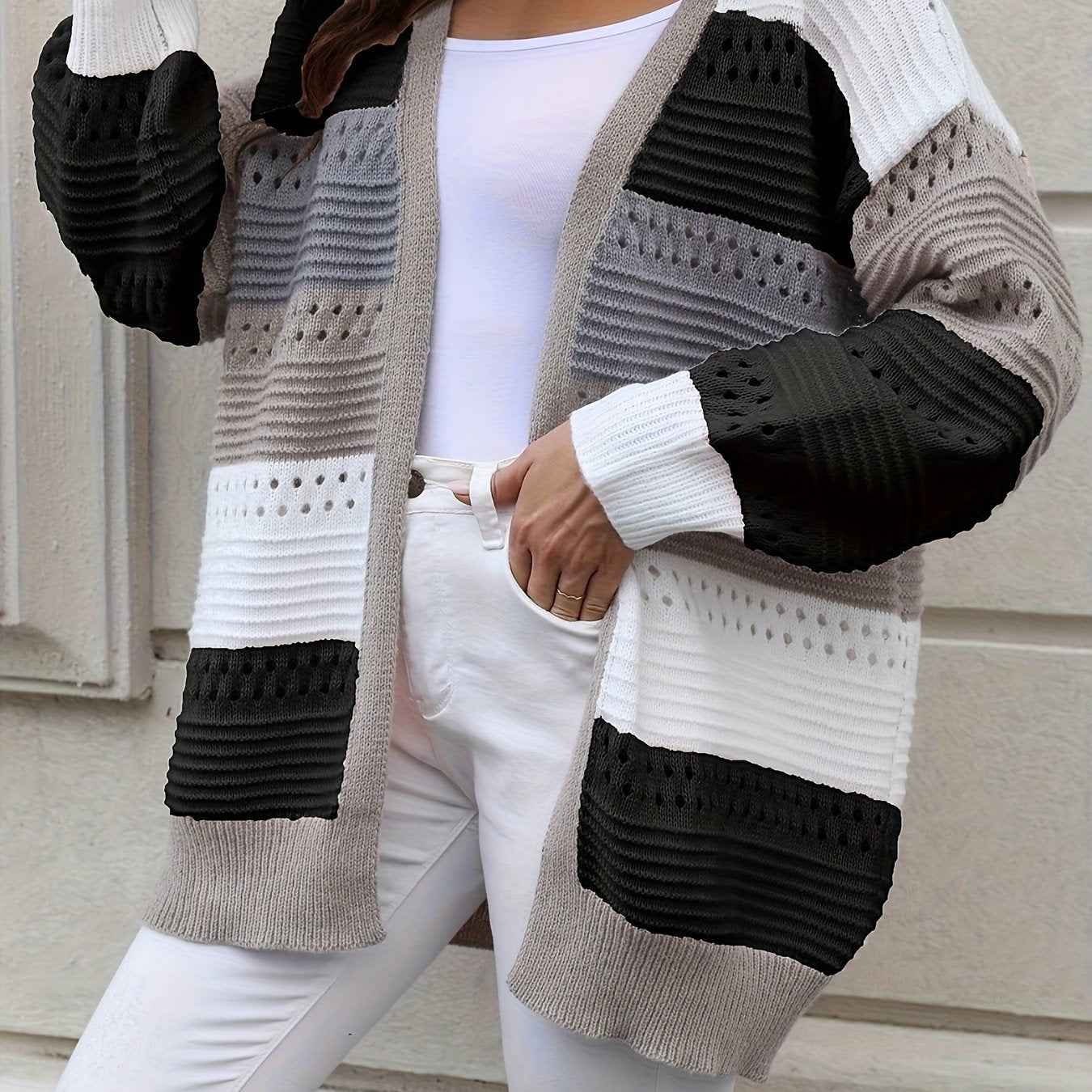 Casual Autumn Wear| Women's Plus Size Color Block Open Front Cardigan - Casual V-Neck, Eyelet Detail, Long Sleeve, Knit Sweater - Machine Washable, Polyester - Ideal for Fall/Winter, Fall Sweaters Black
