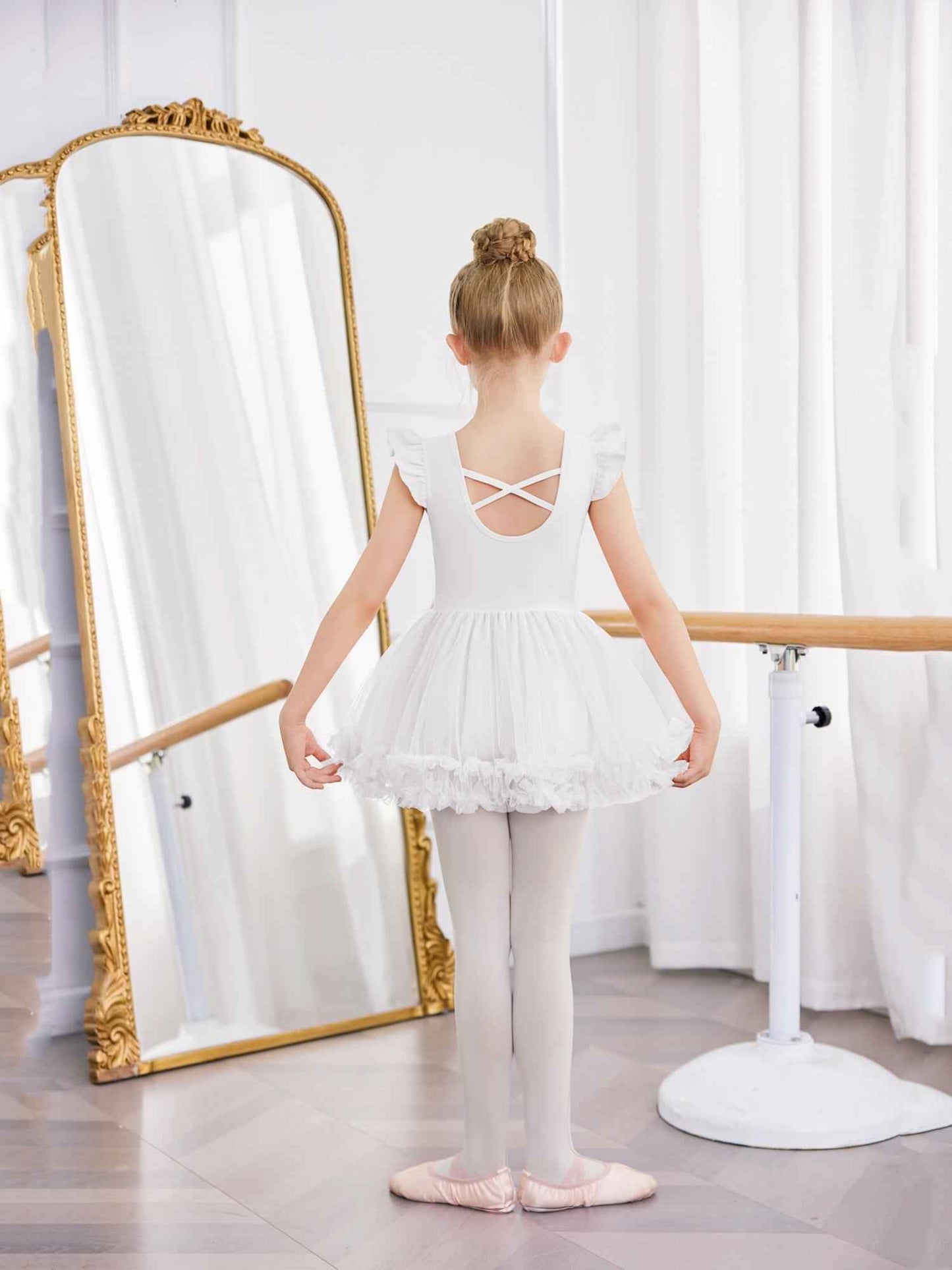 Girls Ballet Tutu Dress with Cross-Back Design and Ruffled Sleeves - Elegant White A-Line Leotard for Dance, Gymnastics, and Recitals