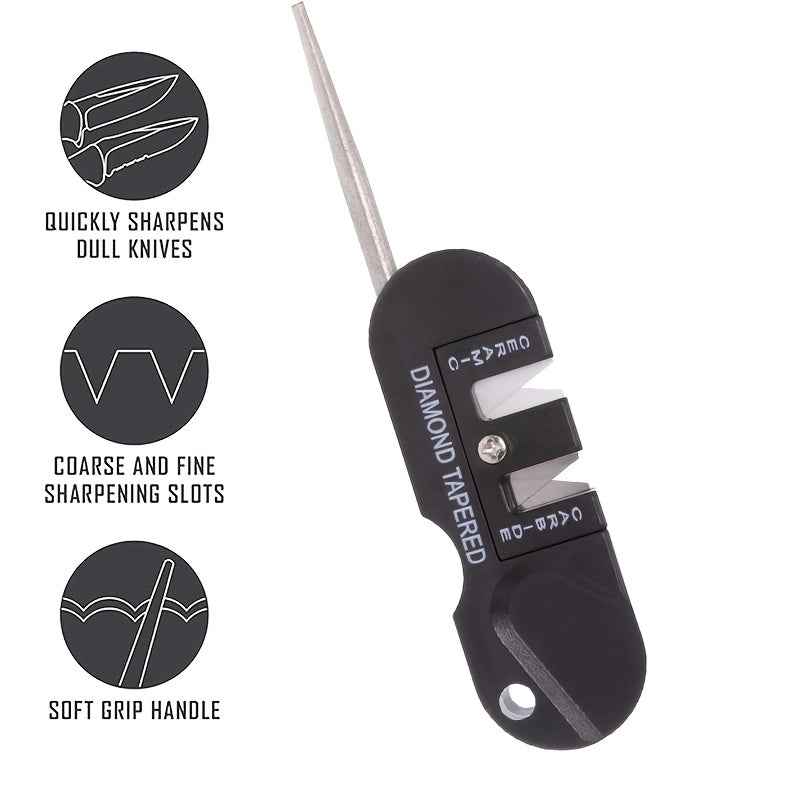 [Multi-Tool Knife Sharpener] 4-in-1 Multi-Tool Outdoor Knife Sharpener & Sharpening Tool | Lightweight Stainless Steel Clip-On Design, Ambidextrous, for Camping, Hiking, Fishing, DIY Projects, Camping Accessories, Sleek Metal