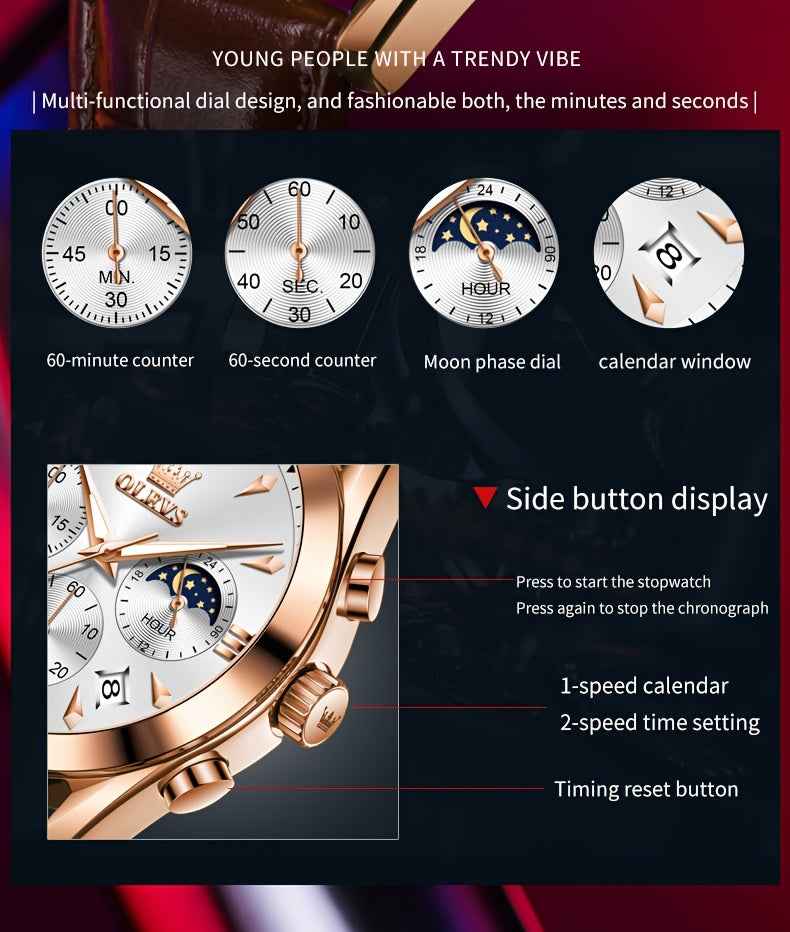 OLEVS Men's Luxury Quartz Watch - Luminous Date & Day Display, Stainless Steel Case, PU Leather Strap, Rose Gold Accents for Business and Casual Wear