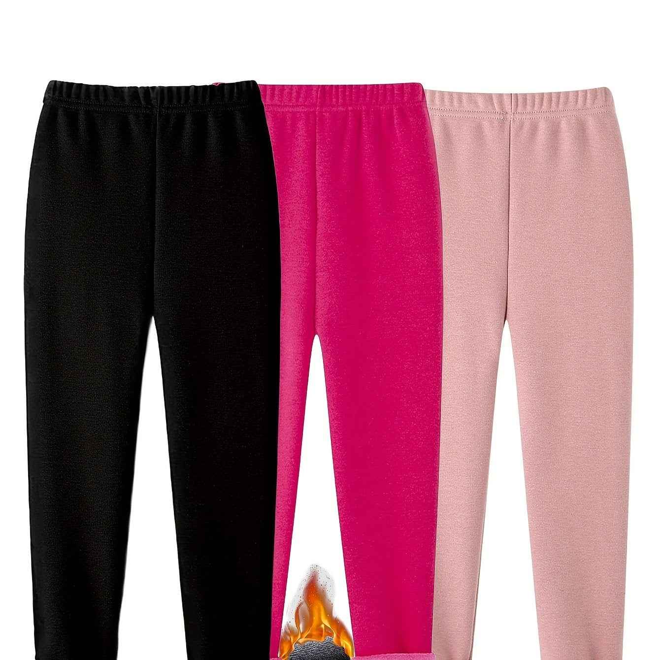 3pcs Winter-Lined Leggings for Kids - Warm Skinny Fit Tights for Boys & Girls, 95% Polyester/5% Spandex, Perfect for Playdates and Cold Weather Black+rose Red+pink