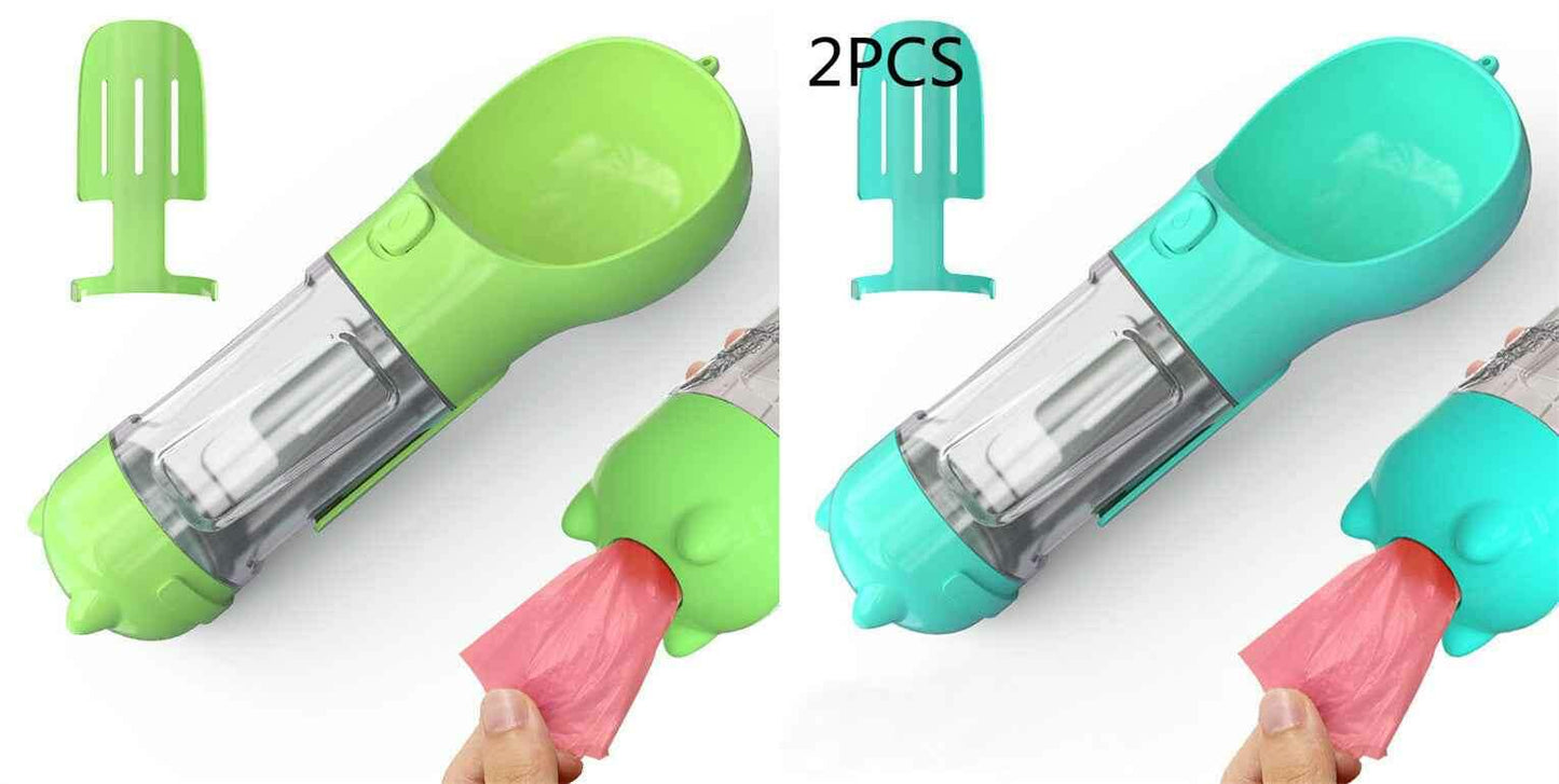 3-in-1 Portable Pet Water Bottle with Feeder, Bowl & Waste Bag Holder Green blue 2pcs 300ml