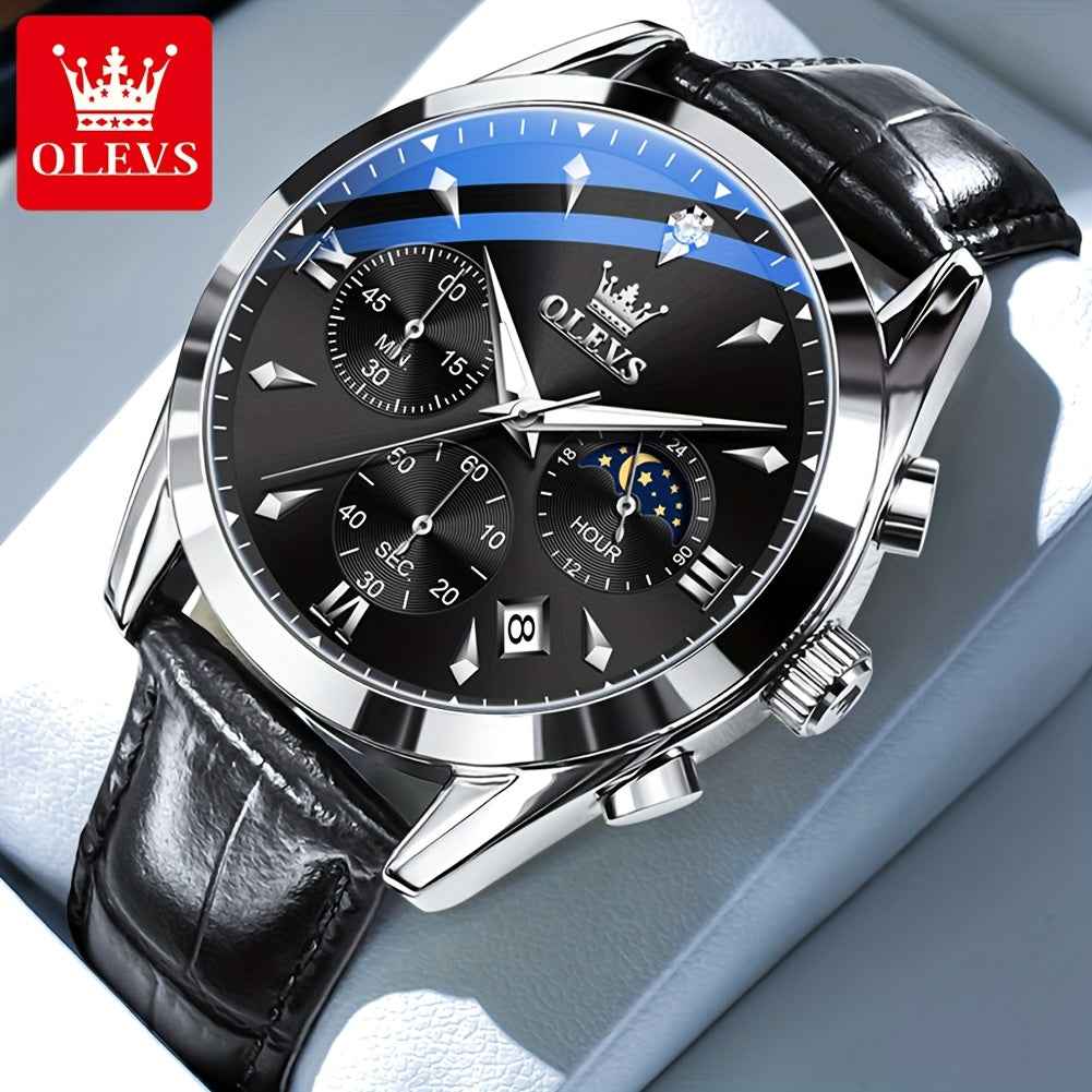 OLEVS Men's Luxury Quartz Watch - Luminous Date & Day Display, Stainless Steel Case, PU Leather Strap, Rose Gold Accents for Business and Casual Wear Black-
