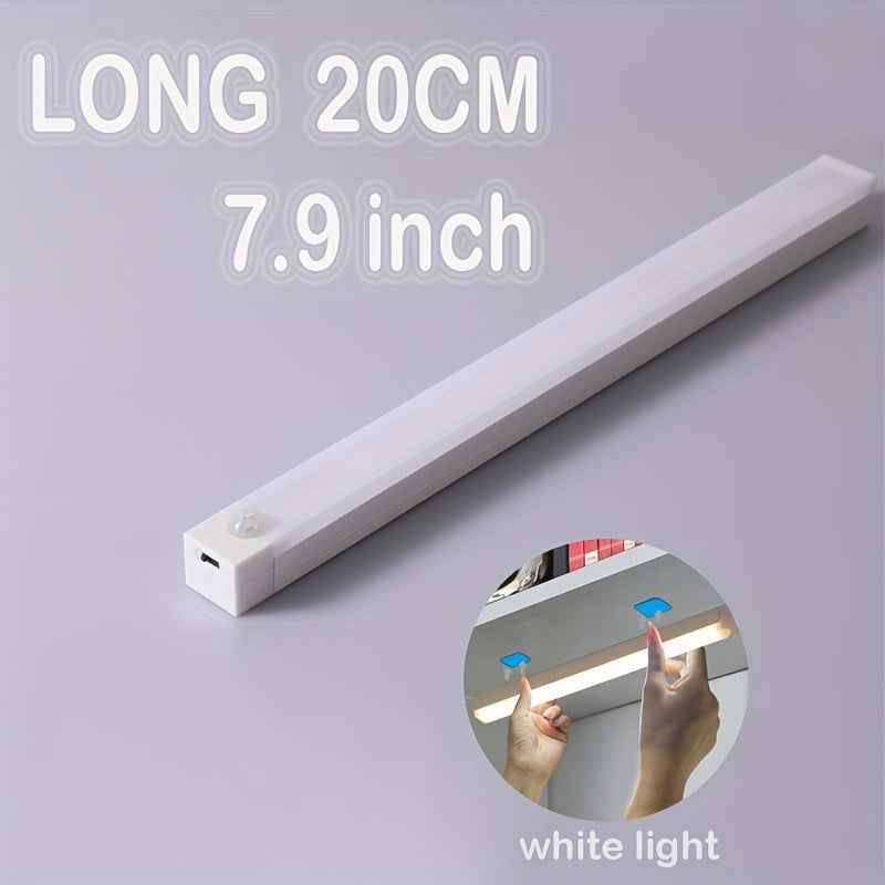 Rechargeable Motion Sensor LED Light Strip with Magnetic Adhesive & USB Power - Smart Cordless Lighting for Kitchen, Wardrobe, Stairs, Hallway White Light 20cm 7.9"