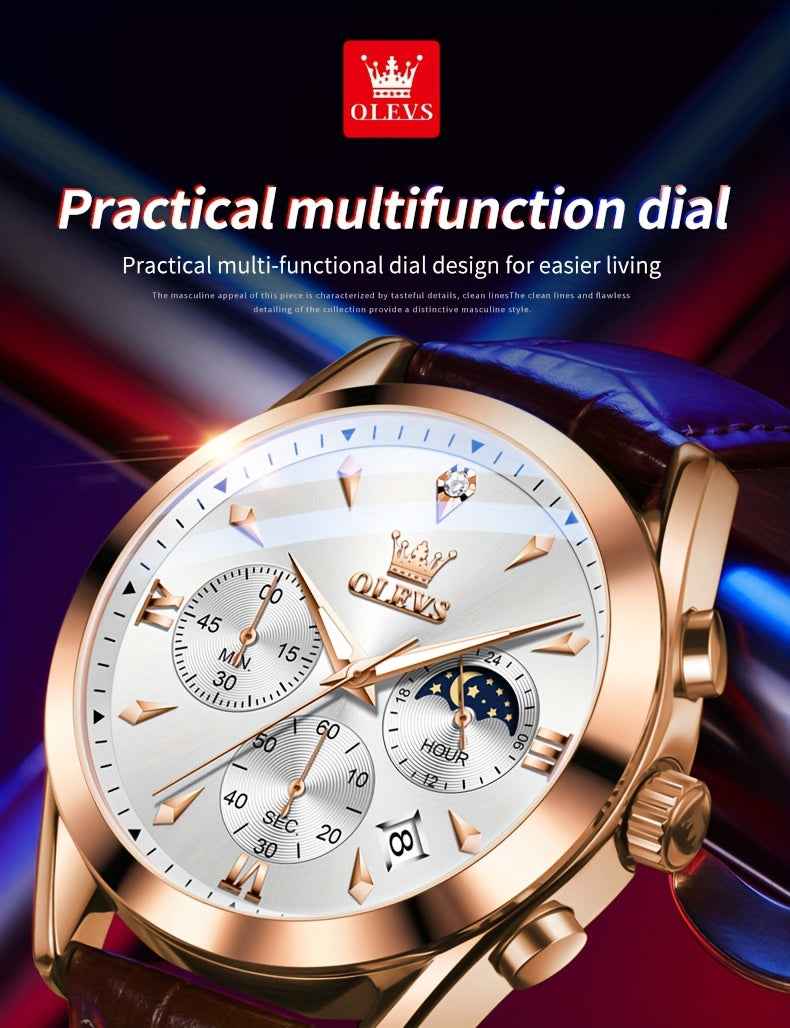 OLEVS Men's Luxury Quartz Watch - Luminous Date & Day Display, Stainless Steel Case, PU Leather Strap, Rose Gold Accents for Business and Casual Wear