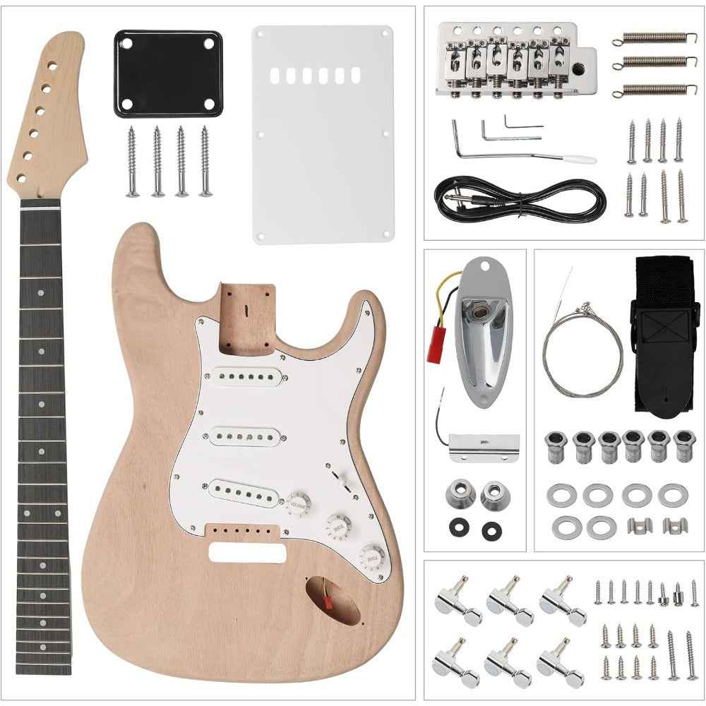 DIY Electric Guitar Kit - Mahogany Body, Ebony Fingerboard & Maple Neck, Easy Installation for Classic 6 String Guitar Build KST