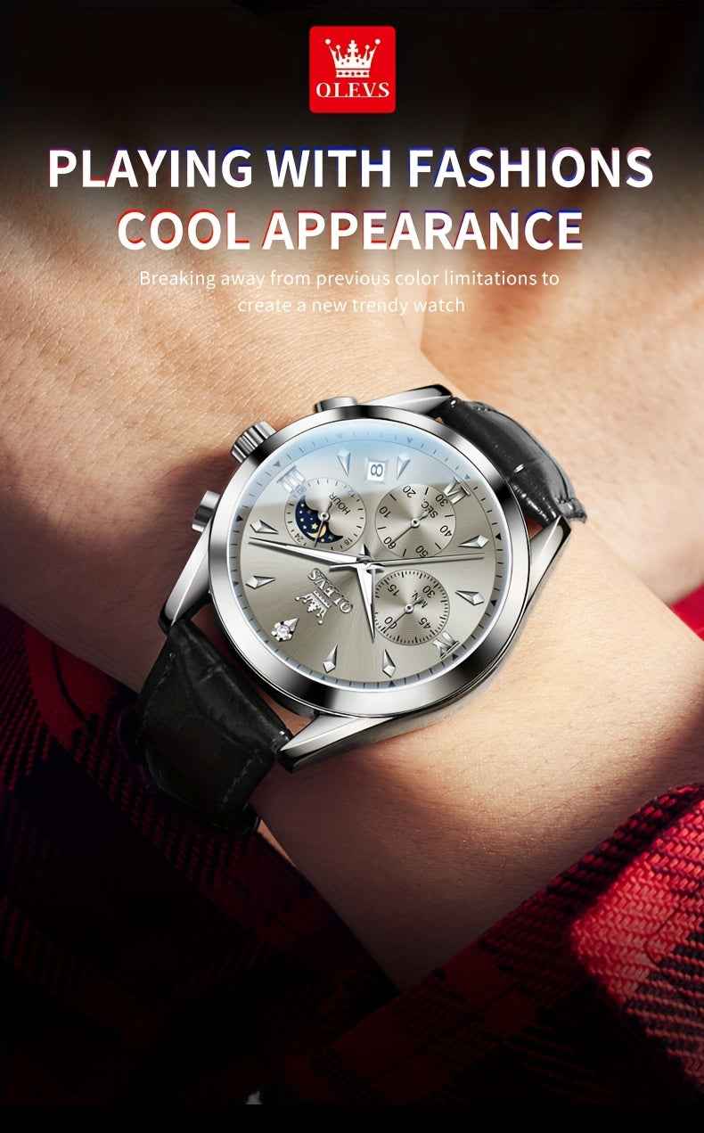 OLEVS Men's Luxury Quartz Watch - Luminous Date & Day Display, Stainless Steel Case, PU Leather Strap, Rose Gold Accents for Business and Casual Wear