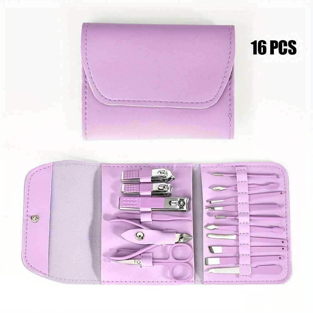 Stainless Steel Manicure Tool Set - 4/8/12/16pcs Multi-Functional Ear Spoon Nail Clippers Pedicure Scissors Kit with Folding Bag Purple 16pcs set