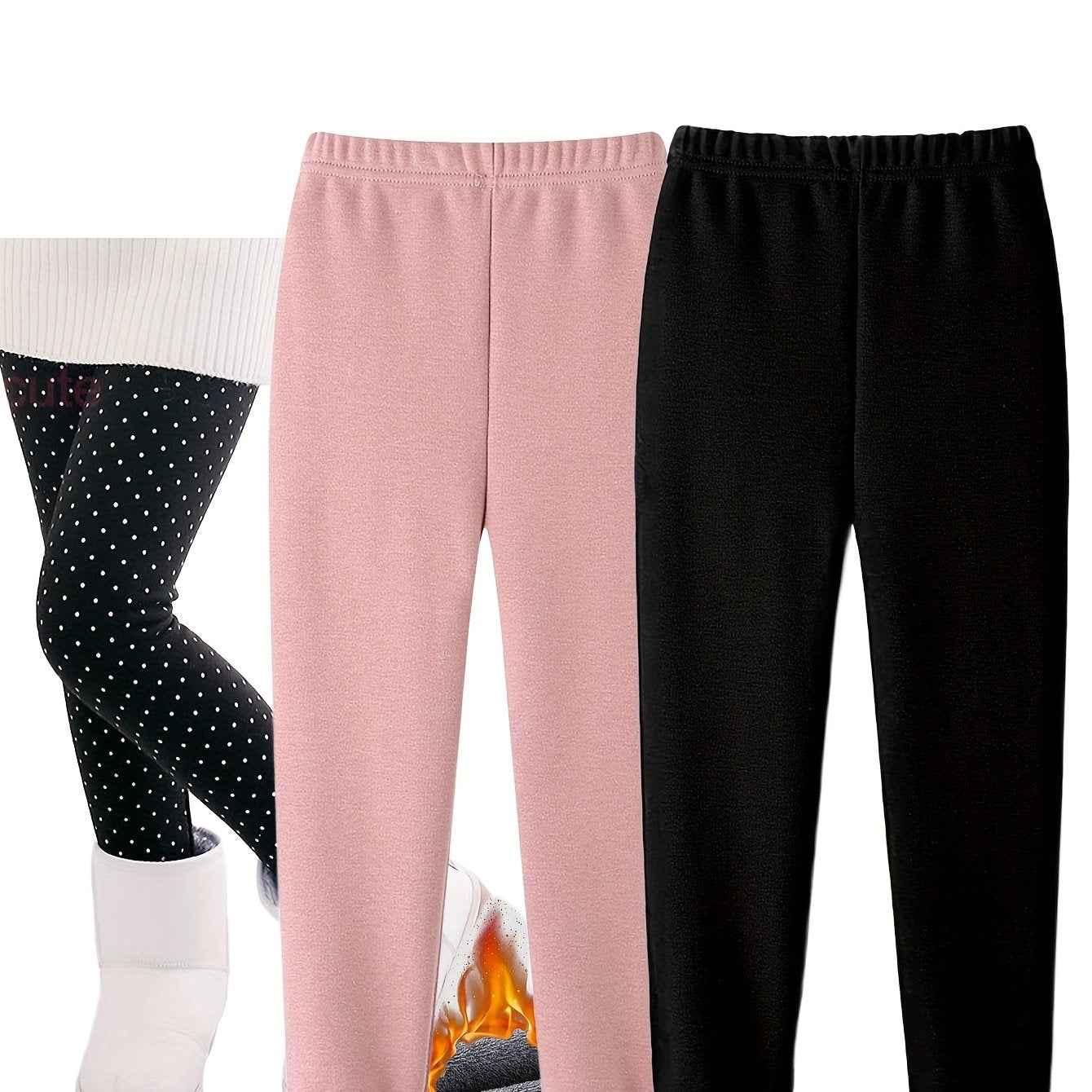 3pcs Winter-Lined Leggings for Kids - Warm Skinny Fit Tights for Boys & Girls, 95% Polyester/5% Spandex, Perfect for Playdates and Cold Weather Black + Black Dots + Deep Pink