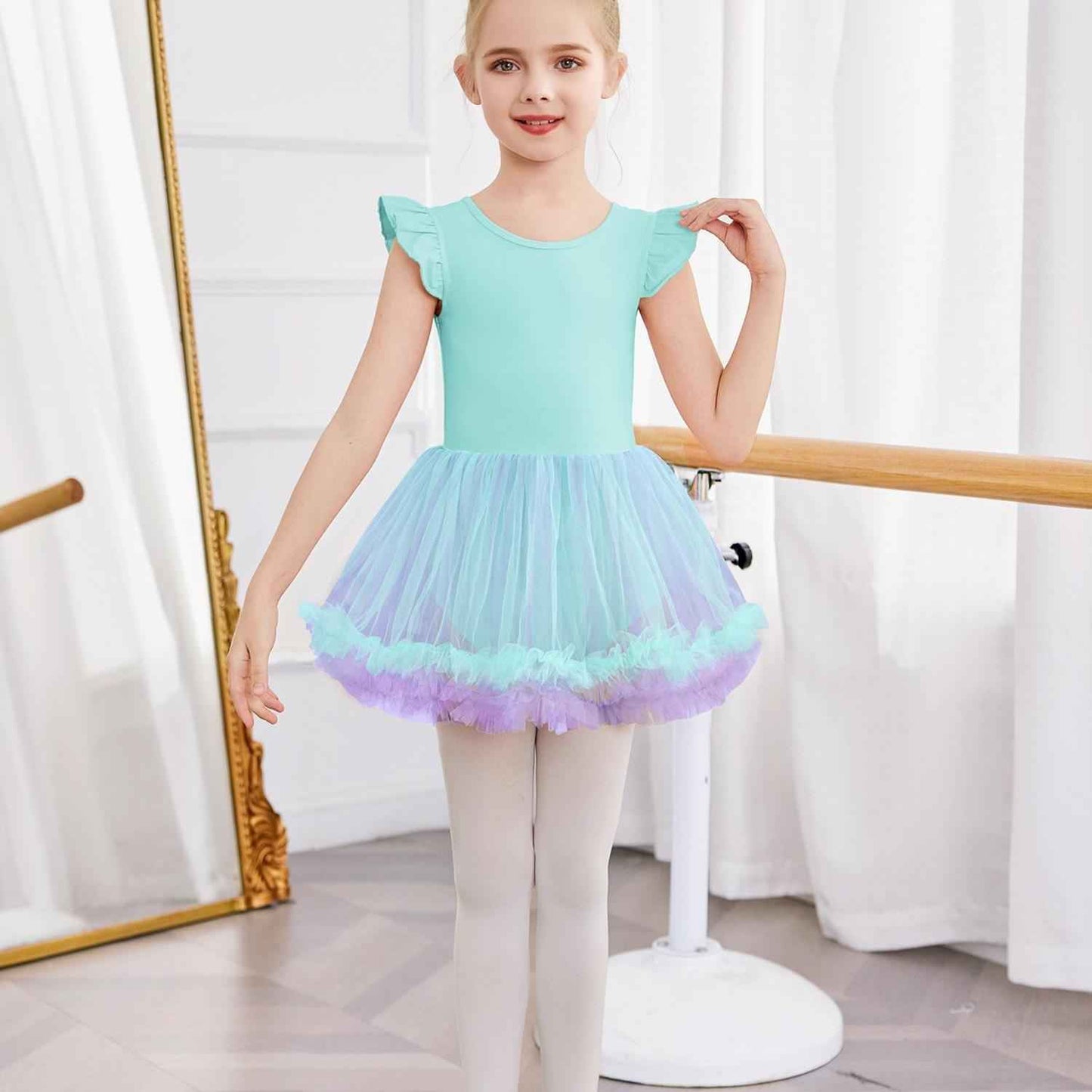 Girls Ballet Tutu Dress with Cross-Back Design and Ruffled Sleeves - Elegant White A-Line Leotard for Dance, Gymnastics, and Recitals Aqua gradient