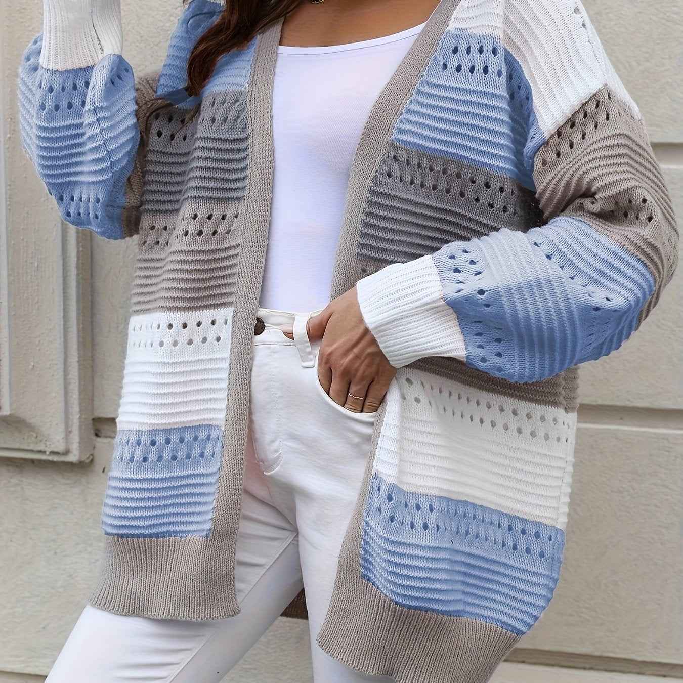 Casual Autumn Wear| Women's Plus Size Color Block Open Front Cardigan - Casual V-Neck, Eyelet Detail, Long Sleeve, Knit Sweater - Machine Washable, Polyester - Ideal for Fall/Winter, Fall Sweaters Sky Blue