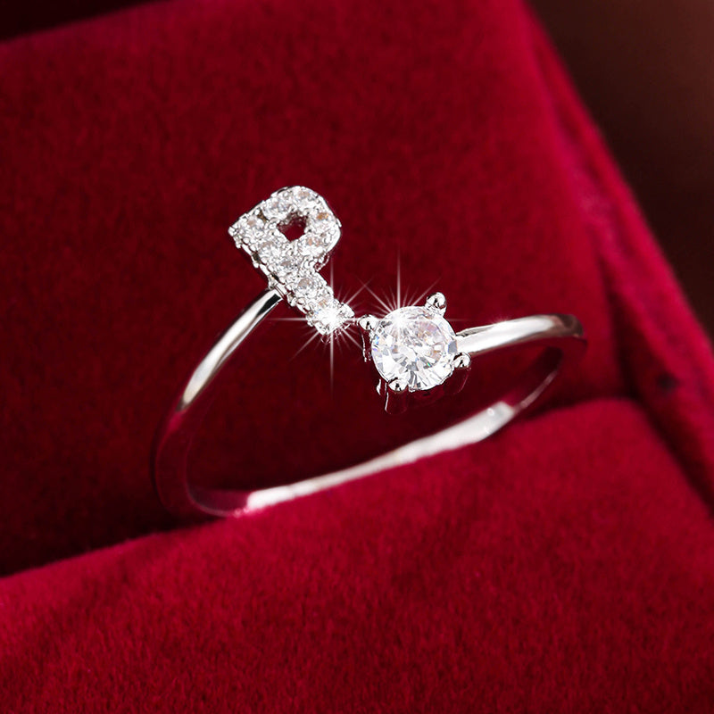 Fashionable 26 English Letters Four-Prong Synthetic Synthetic Zirconia Open Adjustment Ring Ｐ Silvery