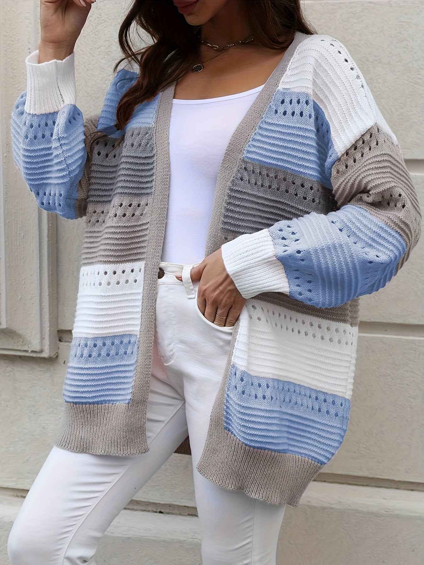 Casual Autumn Wear| Women's Plus Size Color Block Open Front Cardigan - Casual V-Neck, Eyelet Detail, Long Sleeve, Knit Sweater - Machine Washable, Polyester - Ideal for Fall/Winter, Fall Sweaters