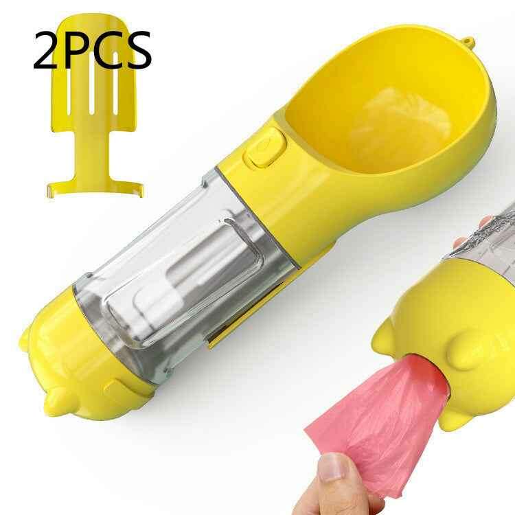 3-in-1 Portable Pet Water Bottle with Feeder, Bowl & Waste Bag Holder Yellow 2pcs 300ml