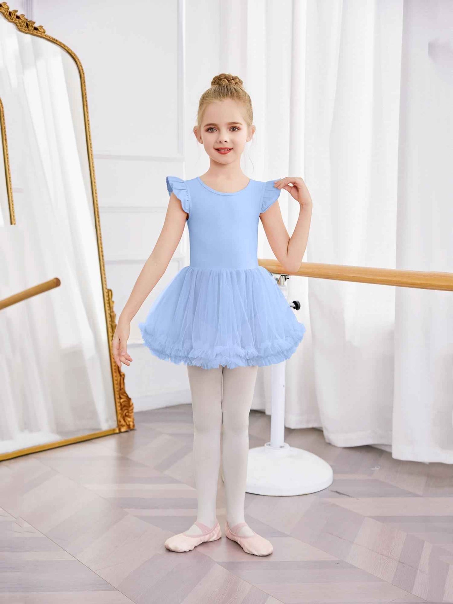 Girls Ballet Tutu Dress with Cross-Back Design and Ruffled Sleeves - Elegant White A-Line Leotard for Dance, Gymnastics, and Recitals