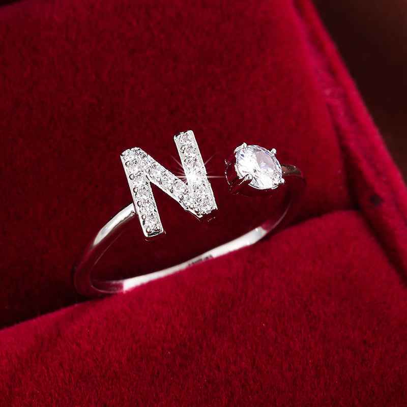 Fashionable 26 English Letters Four-Prong Synthetic Synthetic Zirconia Open Adjustment Ring Ｎ Silvery