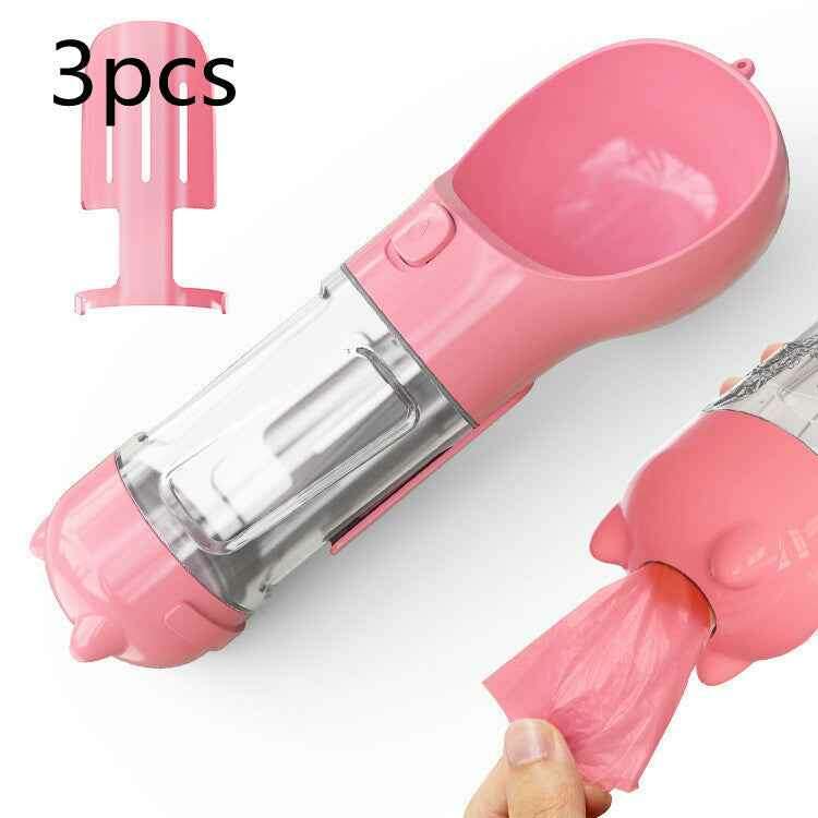 3-in-1 Portable Pet Water Bottle with Feeder, Bowl & Waste Bag Holder Pink 3pcs 300ml