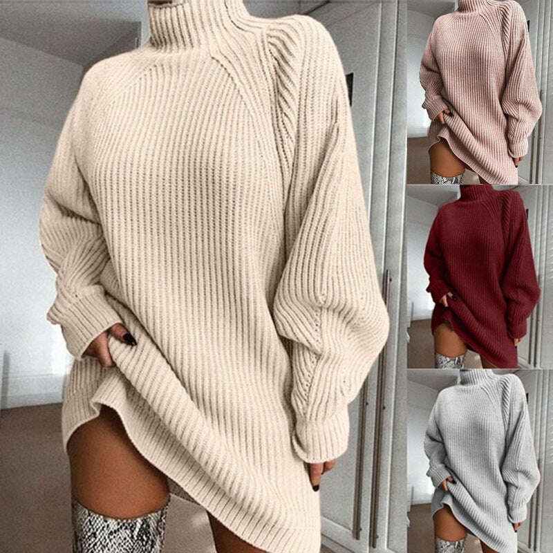 Solid Turtleneck Sweater Dress for Women - Winter Warm and Cozy