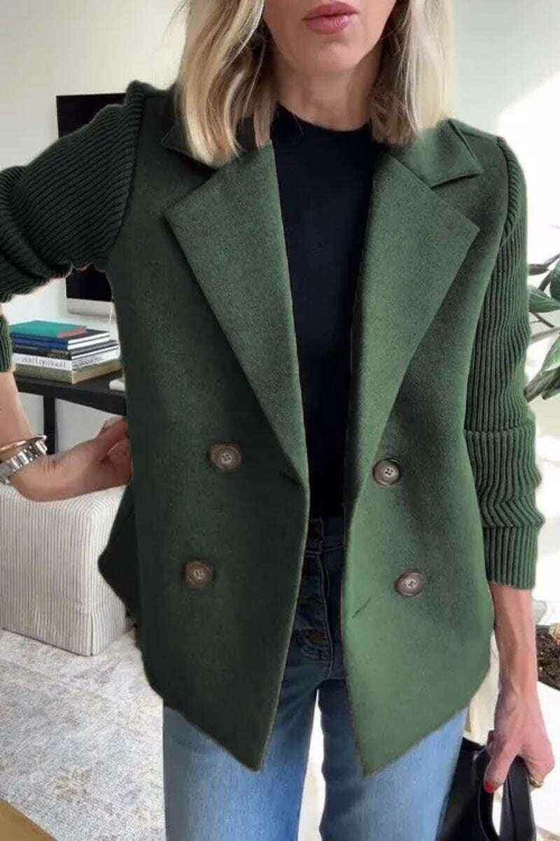Double-Breasted Lapel Jacket with Knitted Sleeve Splicing Coat Dark Green