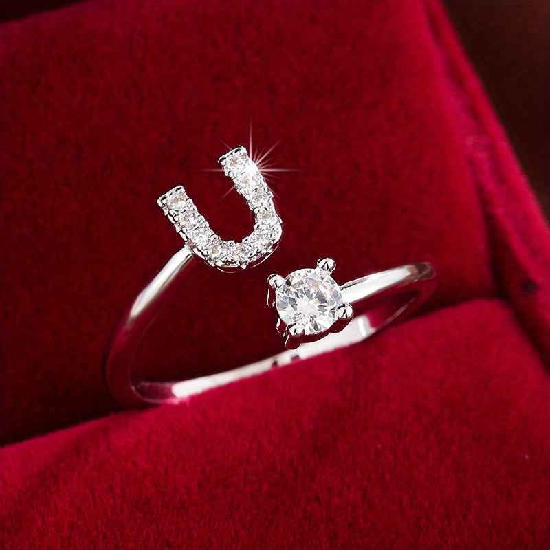 Fashionable 26 English Letters Four-Prong Synthetic Synthetic Zirconia Open Adjustment Ring Ｕ Silvery