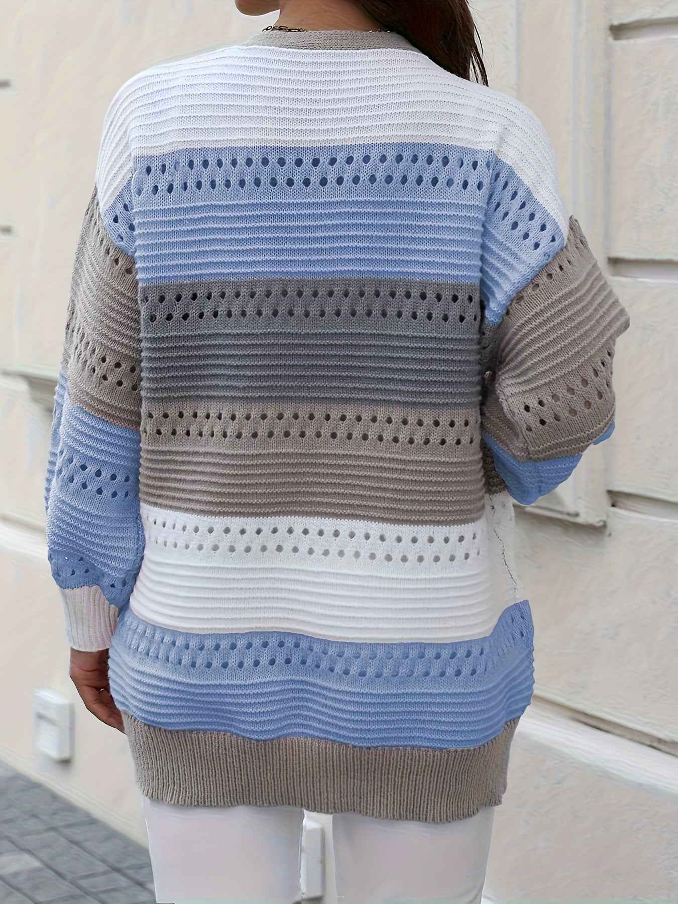 Casual Autumn Wear| Women's Plus Size Color Block Open Front Cardigan - Casual V-Neck, Eyelet Detail, Long Sleeve, Knit Sweater - Machine Washable, Polyester - Ideal for Fall/Winter, Fall Sweaters