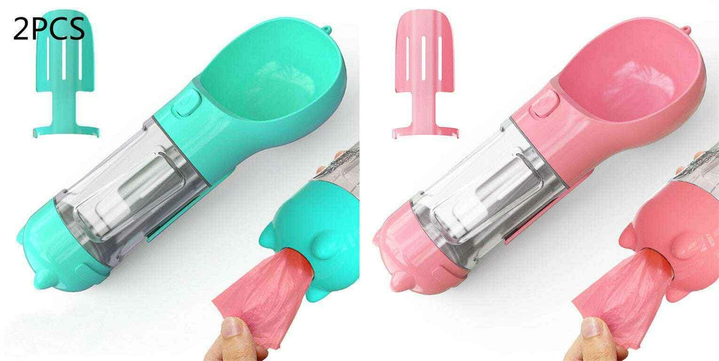 3-in-1 Portable Pet Water Bottle with Feeder, Bowl & Waste Bag Holder Blue 2pcs pink 300ml