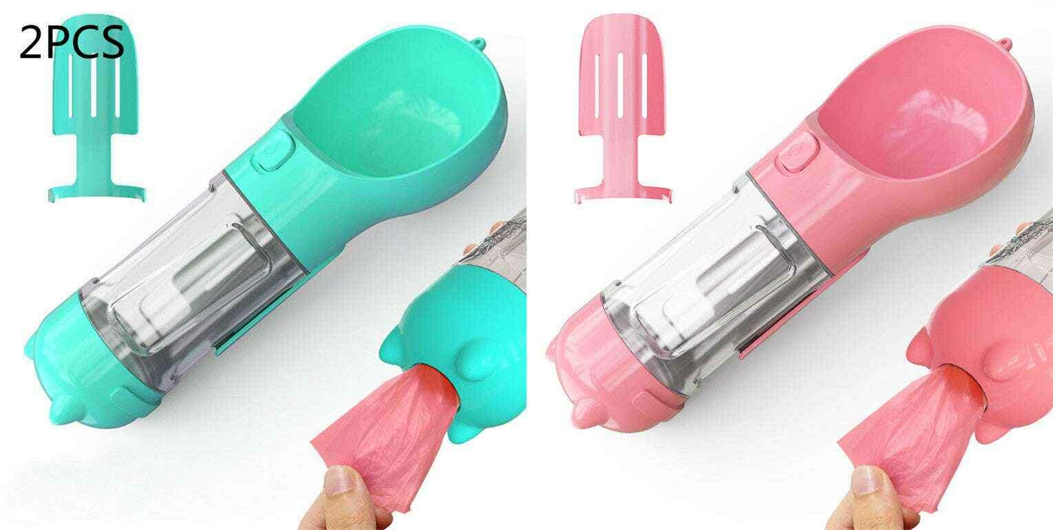3-in-1 Portable Pet Water Bottle with Feeder, Bowl & Waste Bag Holder Blue 2pcs pink 300ml