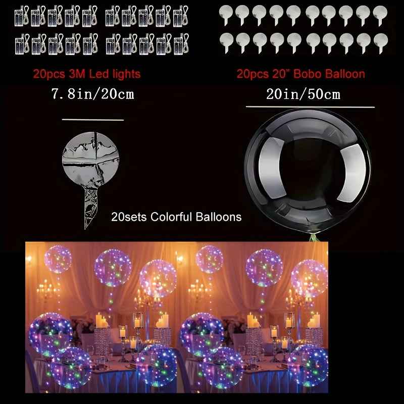 40 Packs ( 20pcs Balloon +20pcs LED Lights ) Glowing LED Bubble Balloon Set LED Bubbles, Battery Operated By 2*AA Batteries And Helium Not Included Suitable For Birthday Wedding Love Christmas Halloween Party And Gift Decorat Colorful 20packs