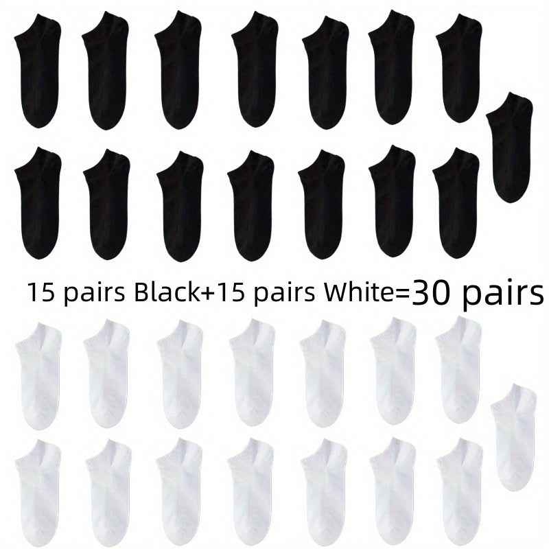 Breathable Anti-Odor Socks for Men & Women - Moisture-Wicking, Quick-Dry, Sweat-Resistant, Available in Black, White, Gray, and Beige (1/5/10/30 Pairs) One Size: US (6-10) Black+White (30 Pairs)