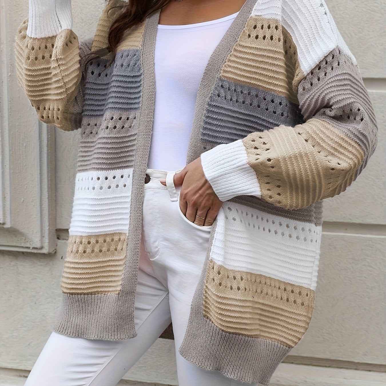 Casual Autumn Wear| Women's Plus Size Color Block Open Front Cardigan - Casual V-Neck, Eyelet Detail, Long Sleeve, Knit Sweater - Machine Washable, Polyester - Ideal for Fall/Winter, Fall Sweaters Multicolor