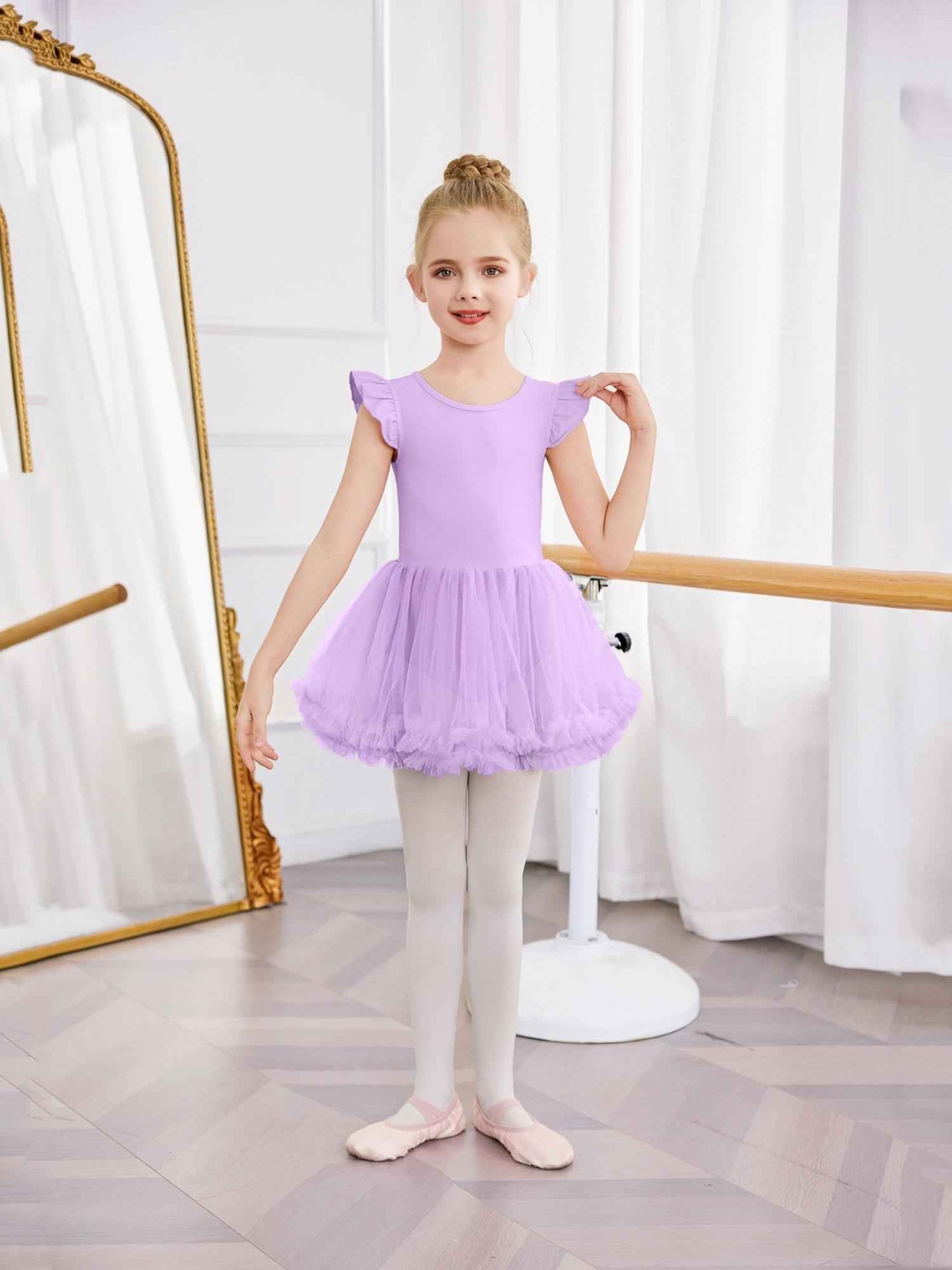 Girls Ballet Tutu Dress with Cross-Back Design and Ruffled Sleeves - Elegant White A-Line Leotard for Dance, Gymnastics, and Recitals